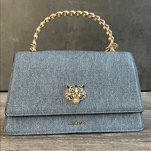 Aldo Blue Denim-Textured Top-Handle Satchel with Gold Chain